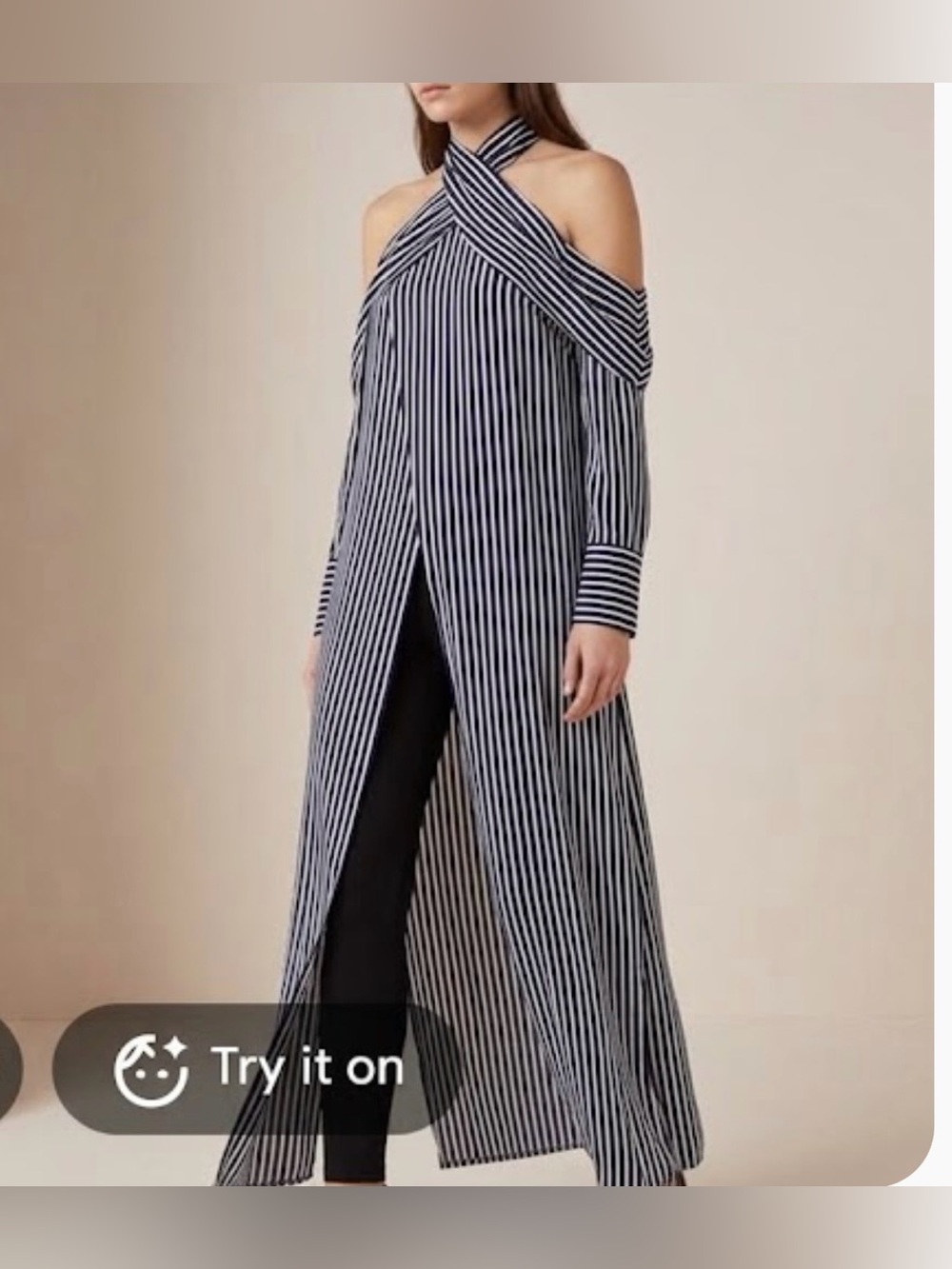 New York & Company Navy and White Striped Cold-Shoulder Halter Tunic size S/M